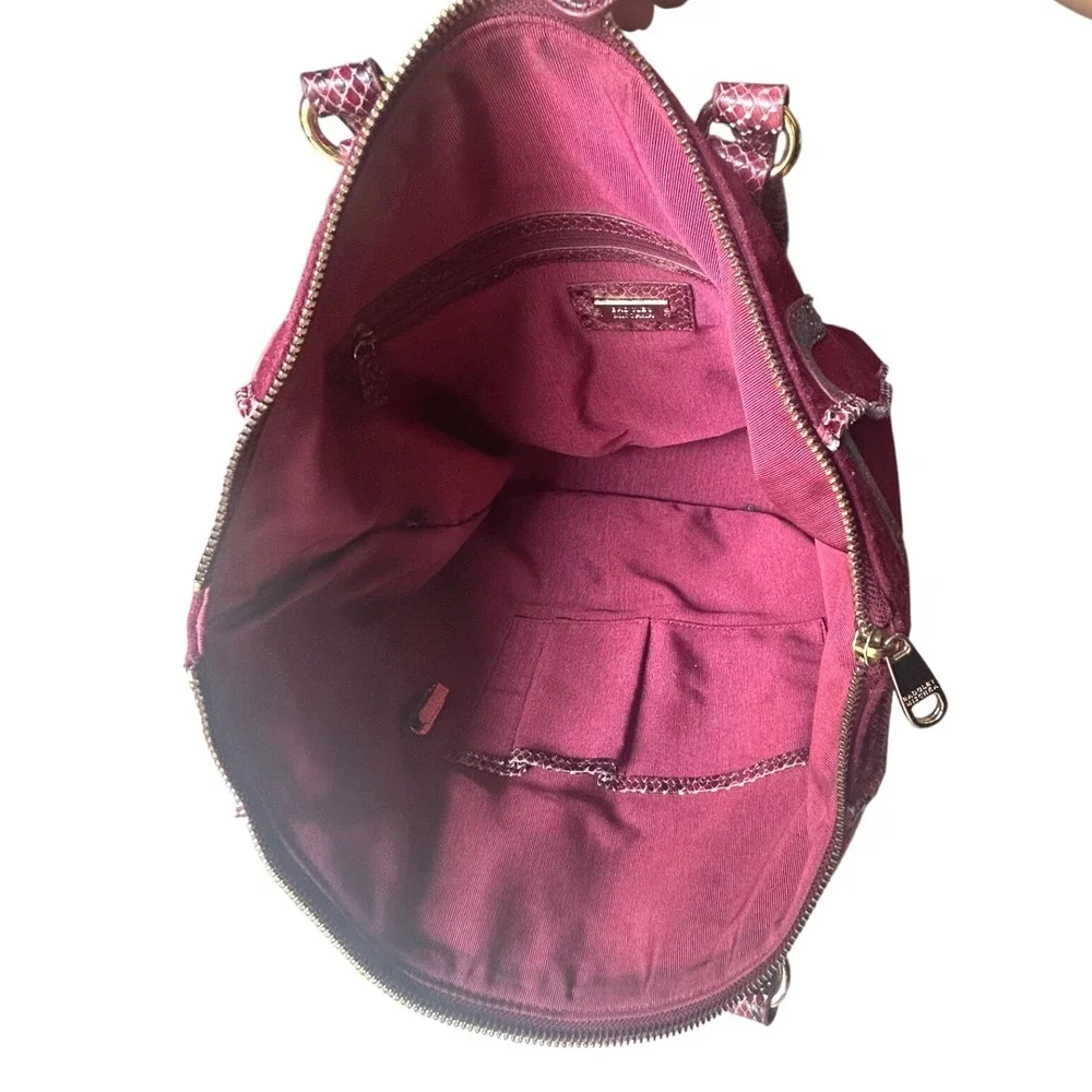 Badgley Mischka Burgundy Wool Tote‎ Bag Snakeskin Trim Zip Pocket Satchel